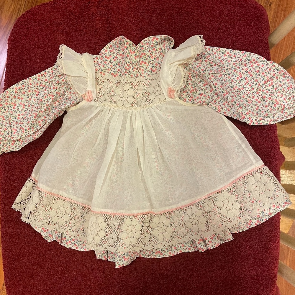 Cute multicolored toddler dress with 3/4 sleeve length and cream smock overlay